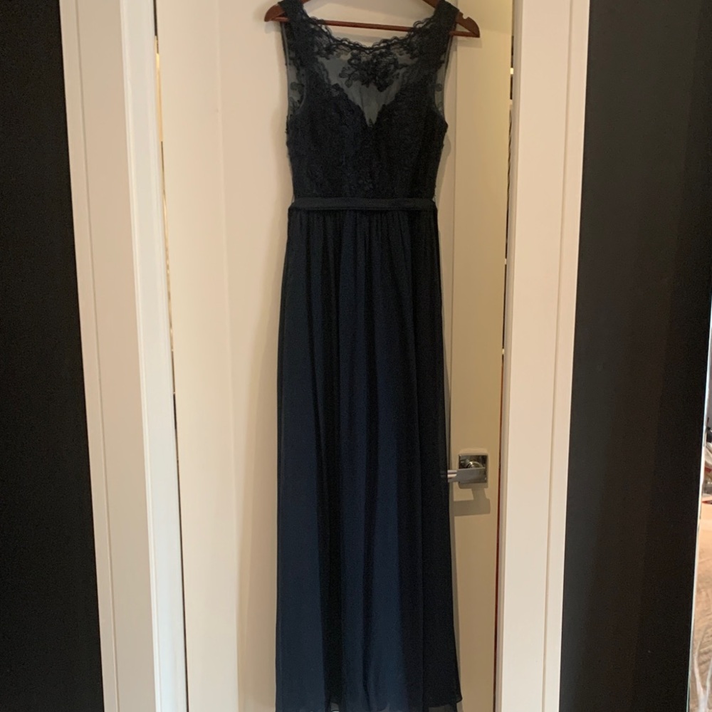 Azazie Navy Lace Bodice Chiffon Maxi Dress